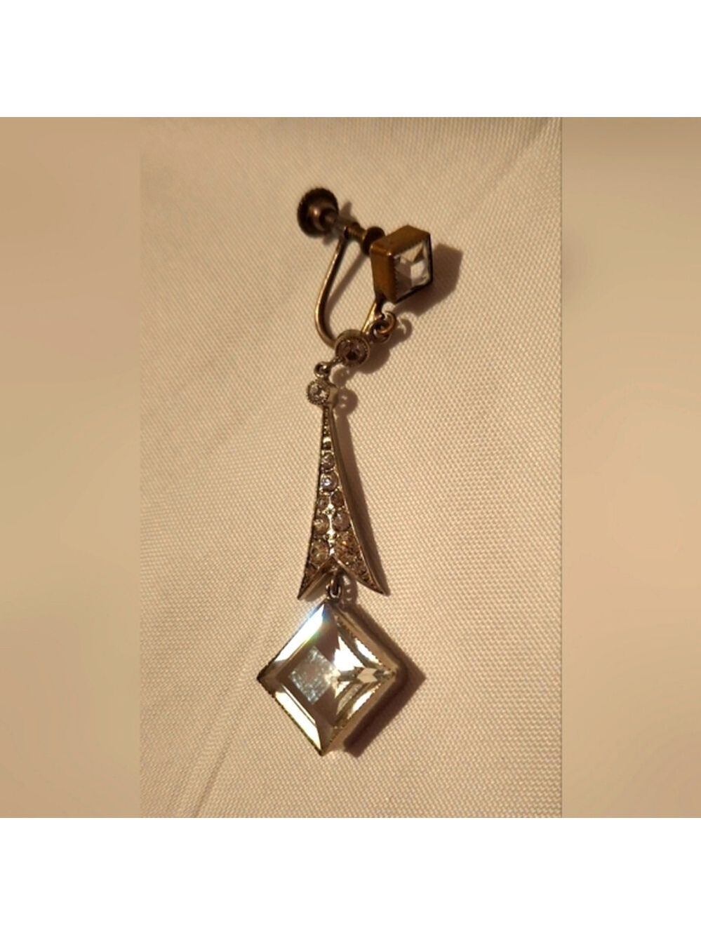 Art Deco Faceted Czech Glass Silver Drop Screwback Earrings Vintage - Picture 8 of 13